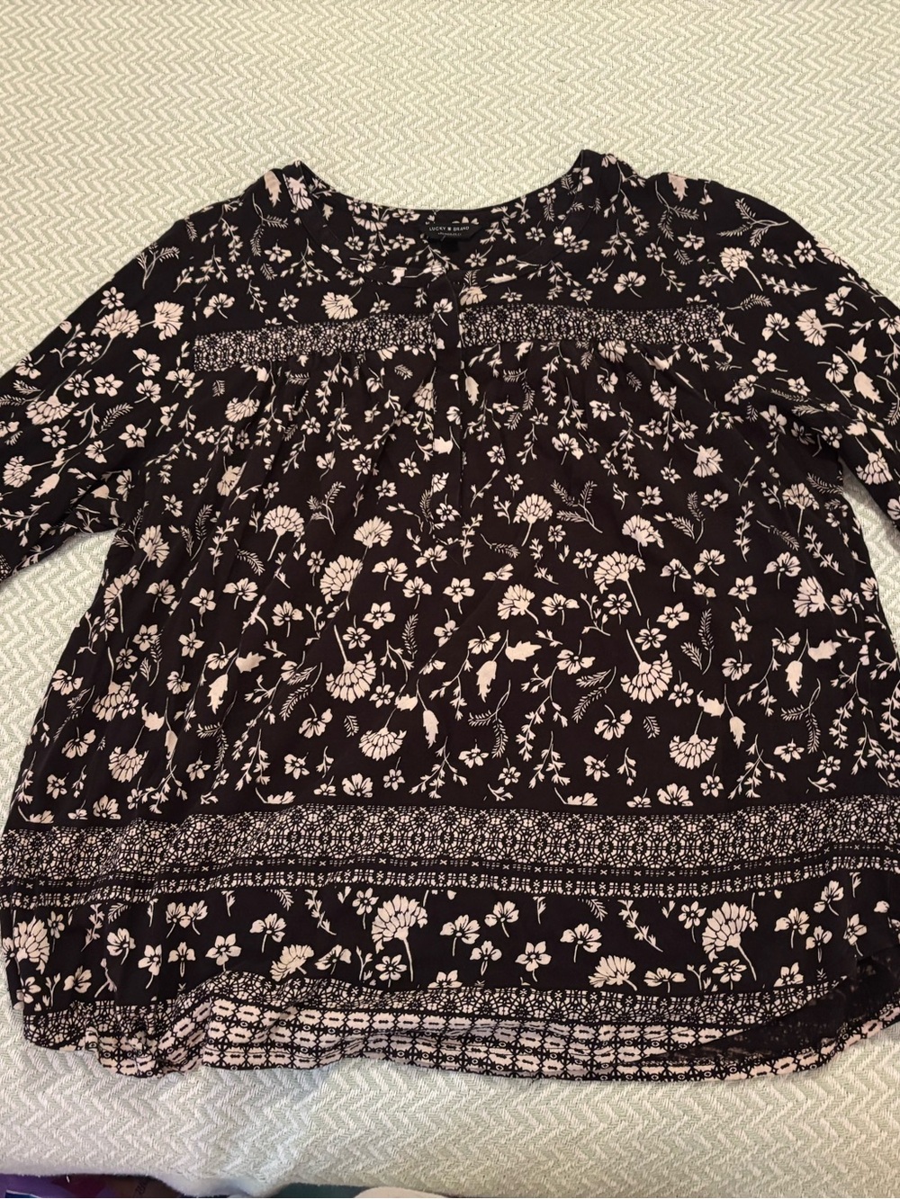 Lucky Brand Black Floral Smocked Yoke Blouse